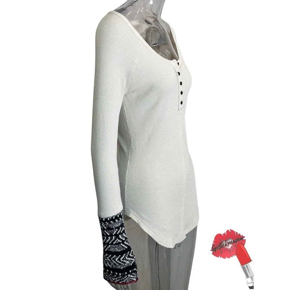 Free People Newbie Thermal Alpine Henley Top Women Medium Cuffs‎ Cream Cozy